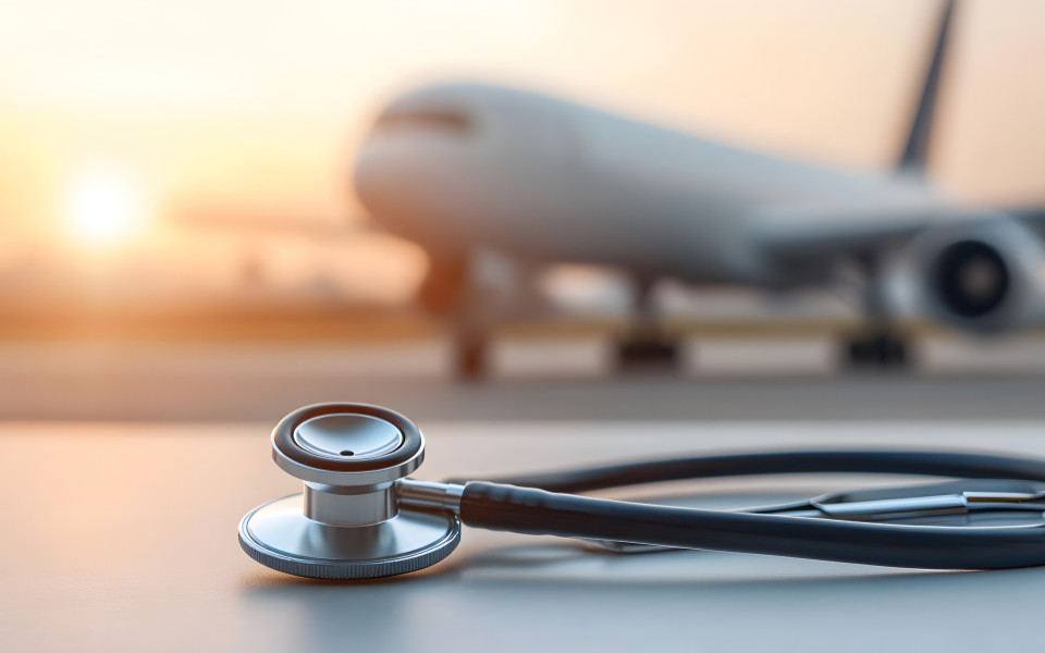 Stethoskop und Flugzeug im Sonnenuntergang. 